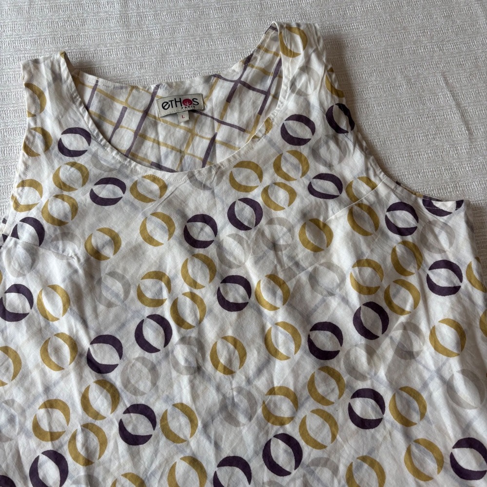 Ethos‎ Paris Organic Cotton Sleeveless Layered Top Purple Yellow Geometric L